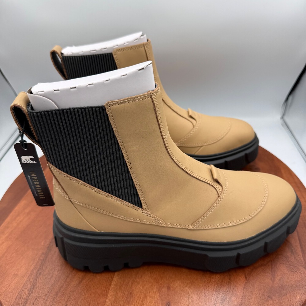 Sorel Caribou X Waterproof Chelsea Platform‎ Boot Canoe Tan/Jet Black Women 9.5